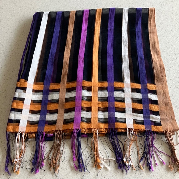 LIGHTWEIGHT SHAWL WRAP SCARF FRINGED ENDS BLACK SHEER COLORED STRIPES - Picture 11 of 13